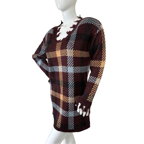 Entro gorgeous burgundy sweater top fringe unique plaid striped lovely pattern M - Picture 9 of 15